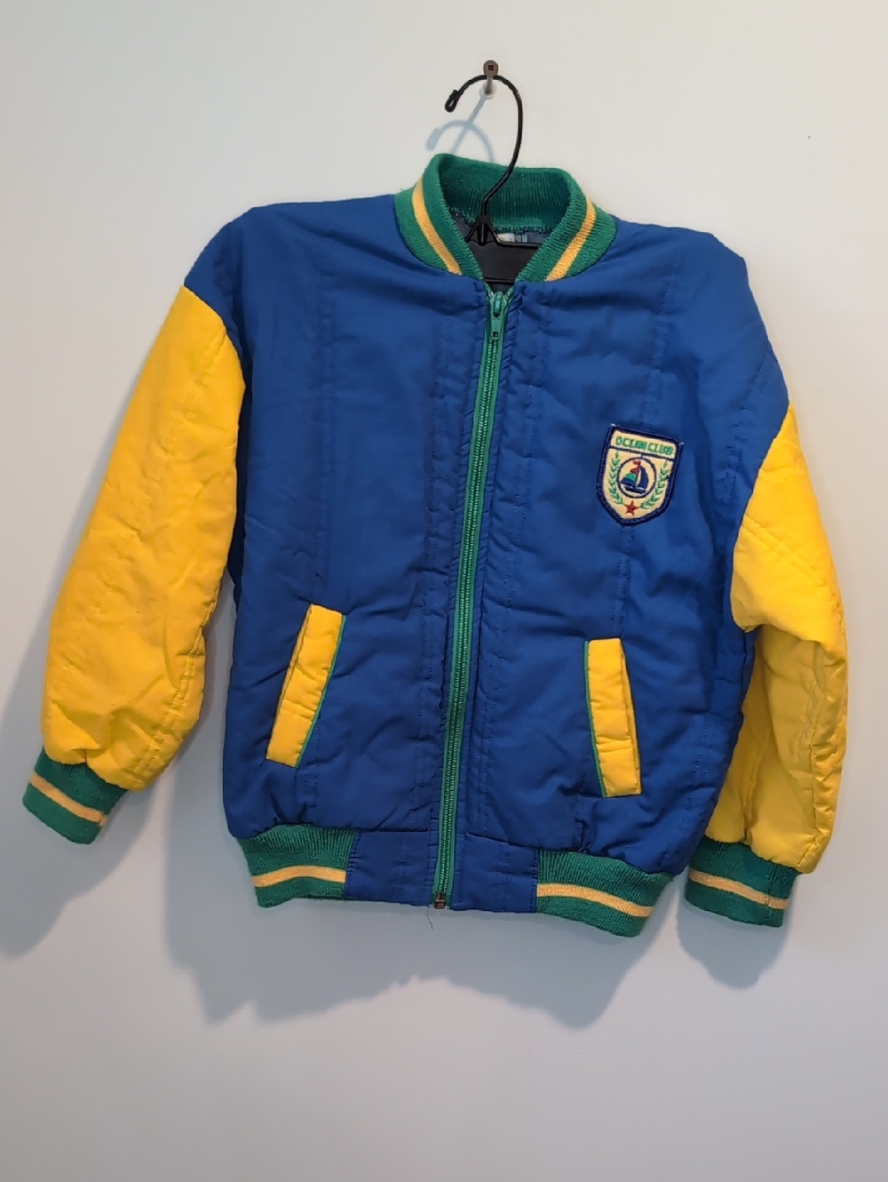 Vintage Color Block Blue & Yellow  Varsity Quilted Jacket with Badge